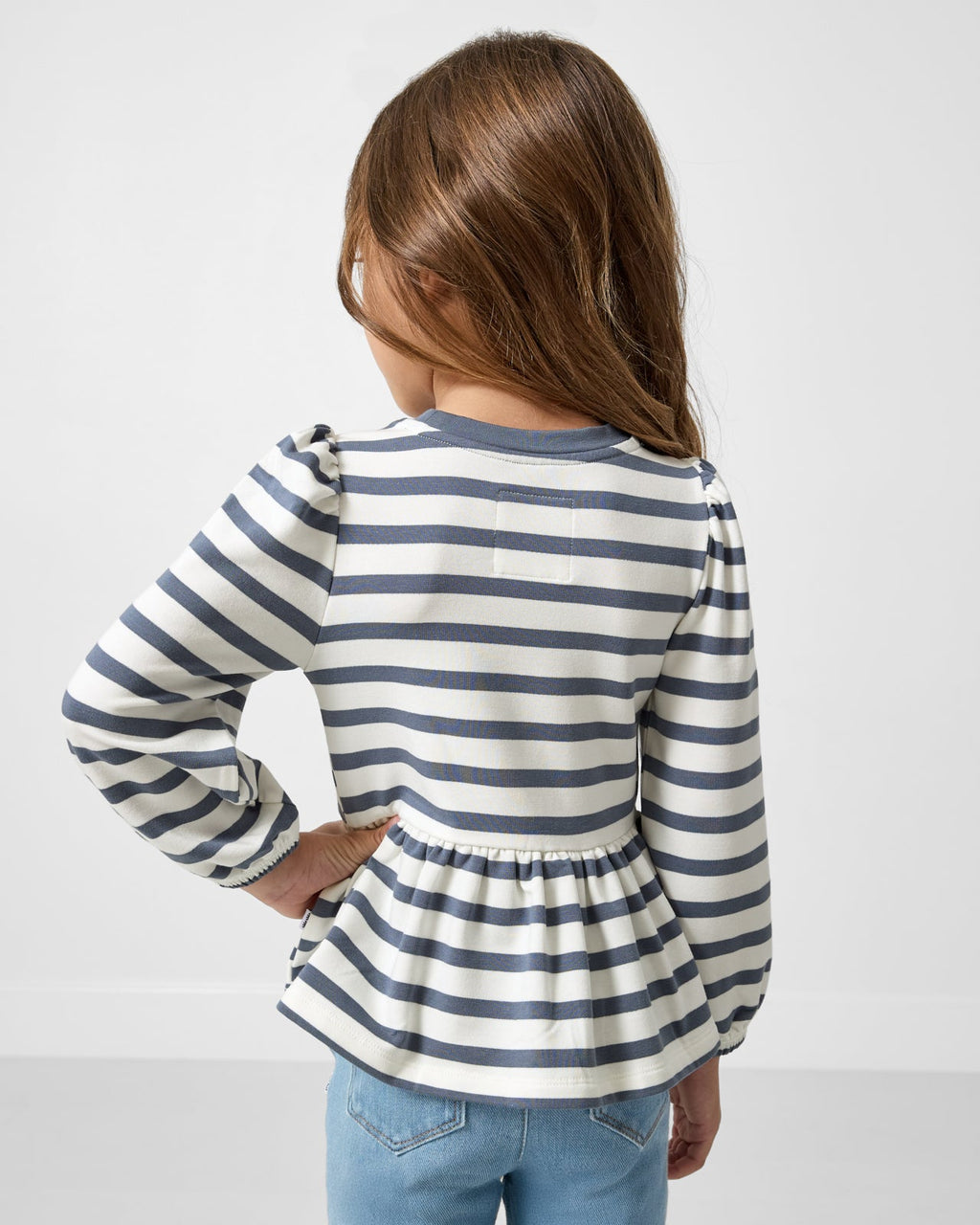 Hazy Blue Stripe Puff Sleeve Peplum Top