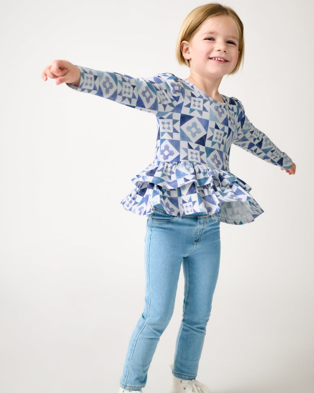 Patchwork Indigo Ribbed Peplum Top