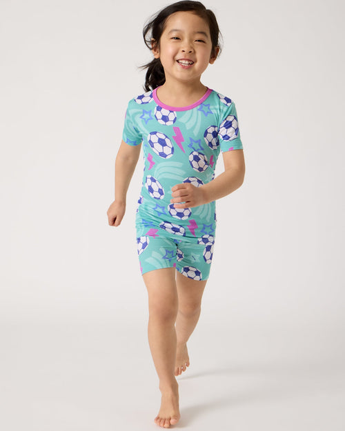 Aqua Soccer Stars Two-Piece Short Sleeve & Shorts Pajama Set