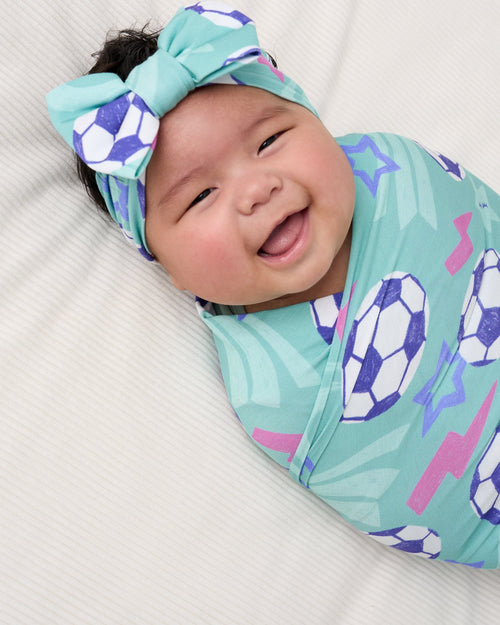 Aqua Soccer Stars Swaddle & Luxe Bow Headband Set