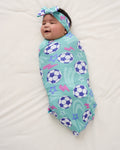 Aqua Soccer Stars Swaddle & Luxe Bow Headband Set
