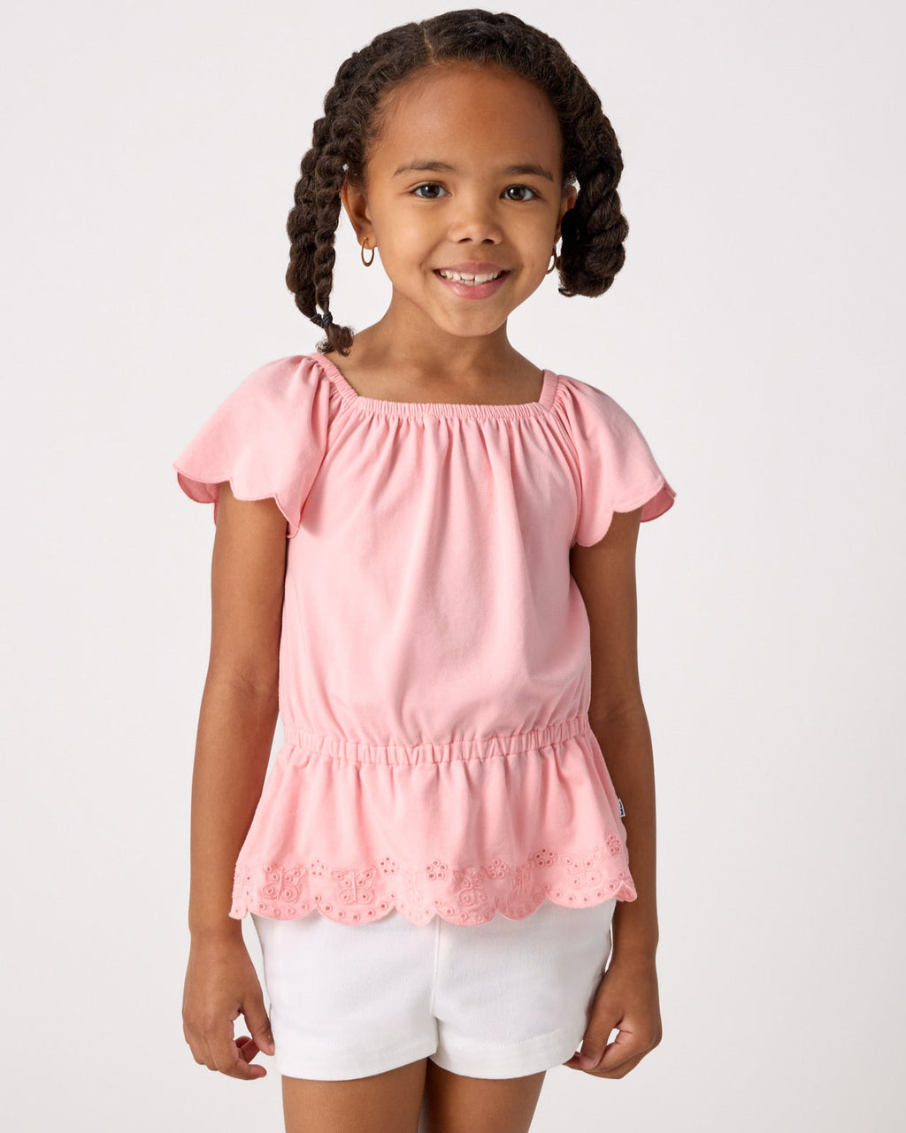 Soft Coral Puff Sleeve Eyelet Top