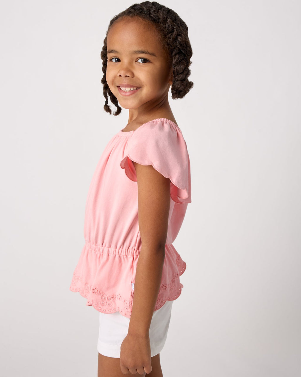Soft Coral Puff Sleeve Eyelet Top