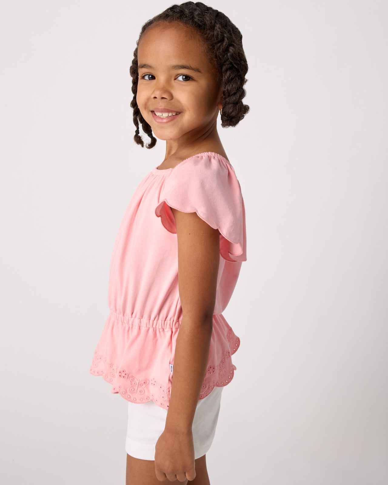 Soft Coral Puff Sleeve Eyelet Top