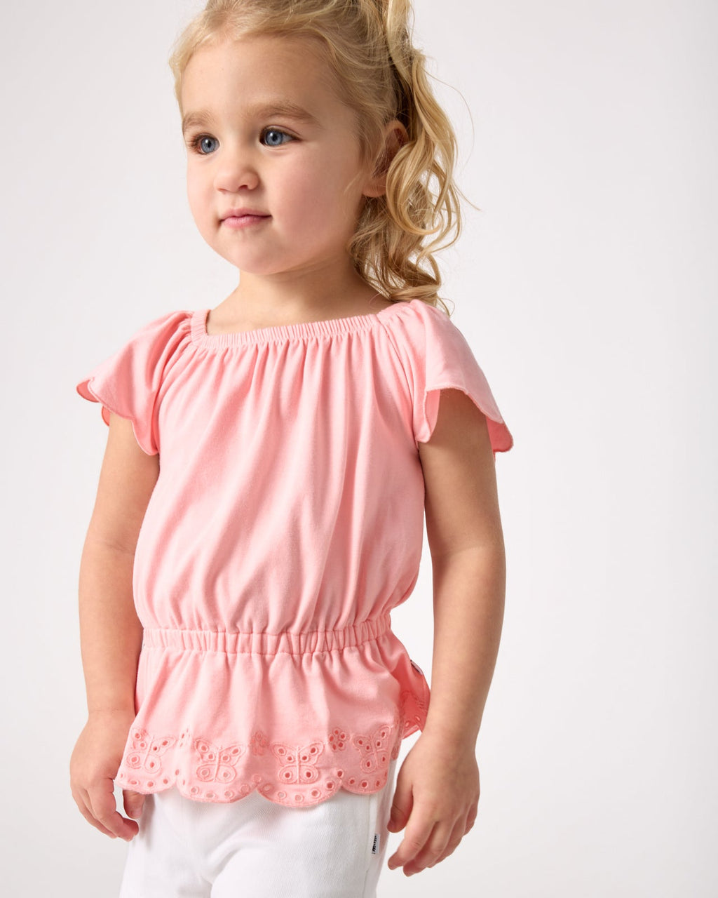 Soft Coral Puff Sleeve Eyelet Top